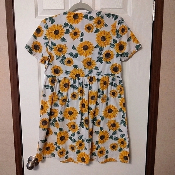 H&m Sunflower Print 100% Cotton Short Sleeve V-Neck Babydoll Mini Dress XS - Picture 5 of 5